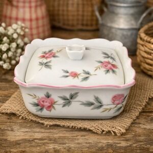 Vintage Andy Panda Japan Pink Rose Floral Porcelain Square Lidded Trinket Box